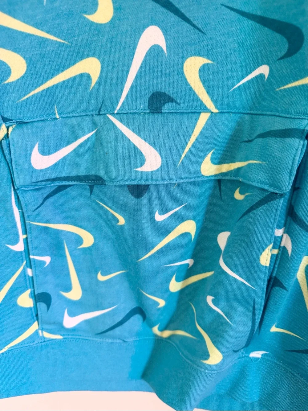 Nike Turquoise Teal Hoodie with White & Yellow Swoosh Pattern